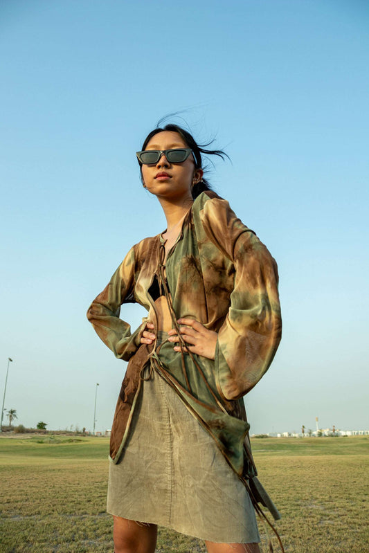 Brown Splatter Mesh Tie-Up Top